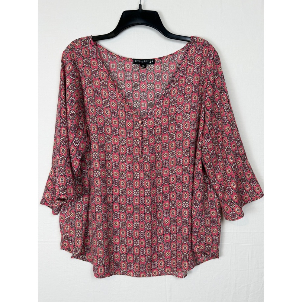 Living Doll Medallion Blouse Women 1X‎ Pink 3/4 Bell Sleeve V-Neck Paisley Top
